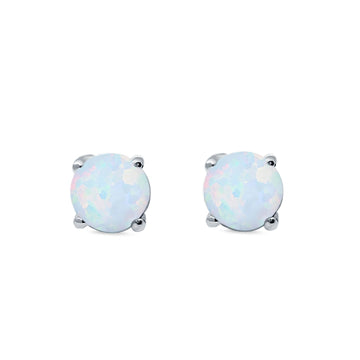 Round Solitaire Stud Earrings Lab Created White Opal 925 Sterling Silver 7mm